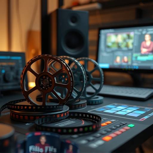 Plusieurs bobines de film sur une table de montage, outils de montage visibles