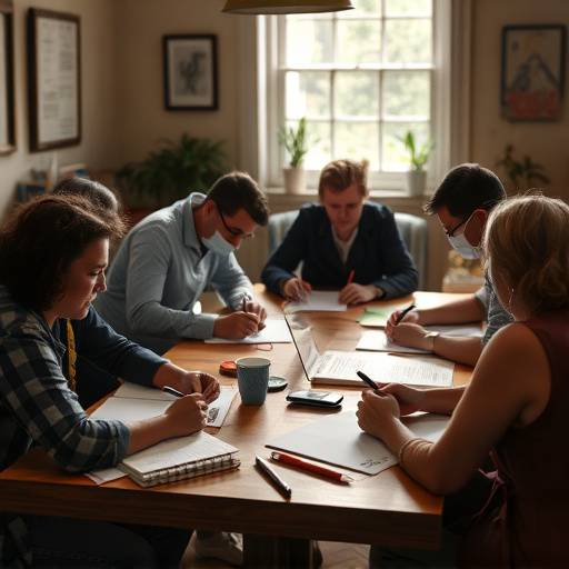 Plusieurs personnes assises autour d'une table, discutant et écrivant, dans un atelier d'écriture de scénario.